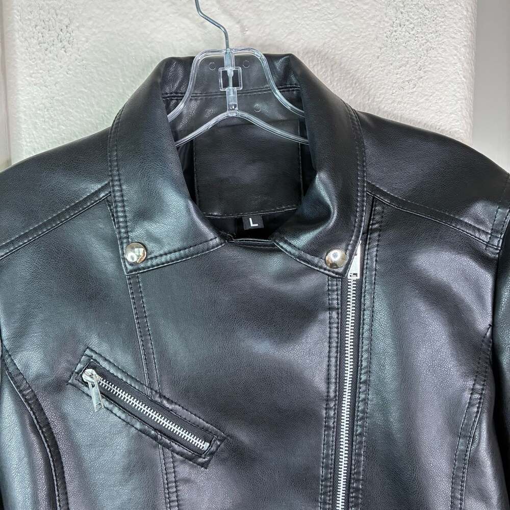 SHEIN Black Faux Leather Cropped Moto Biker Jacket Size Large - Picture 2 of 9